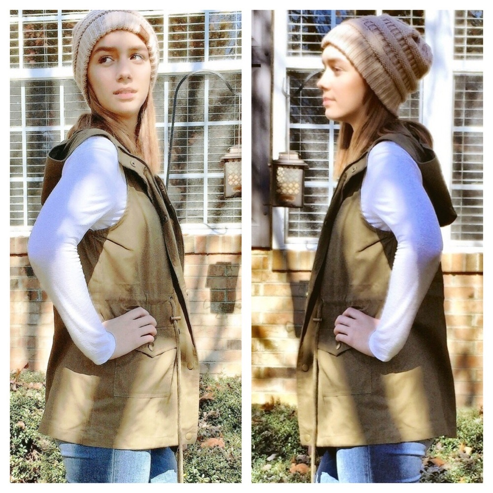 Military Hoodie Vest With Drawstring Waist